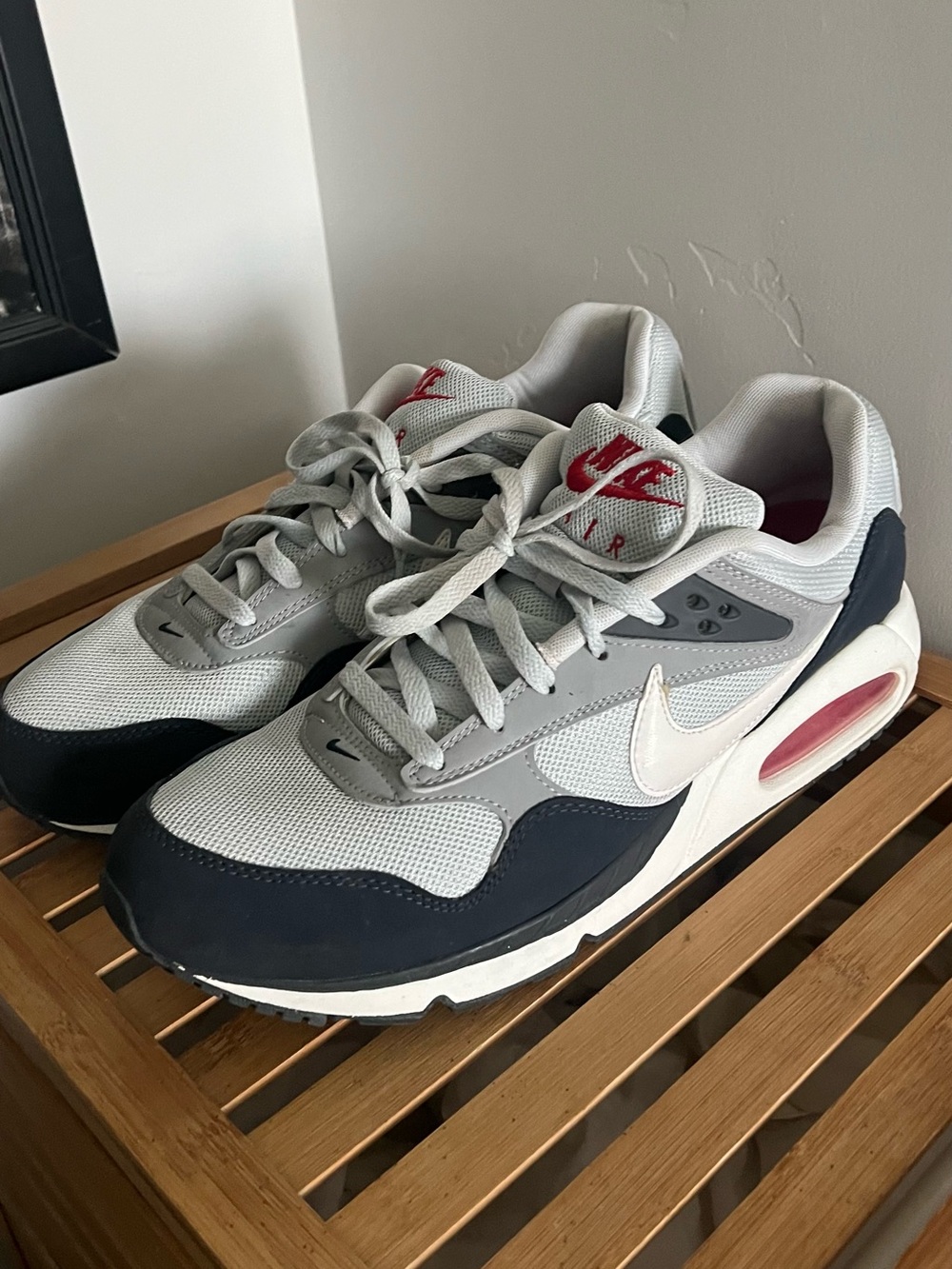 Nike Men’s Air Max Sneakers - White, Gray, Navy with Red Accent